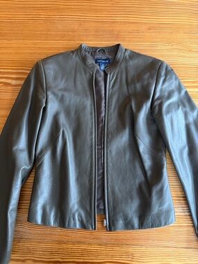 Olive Leather Collarless Jacket
